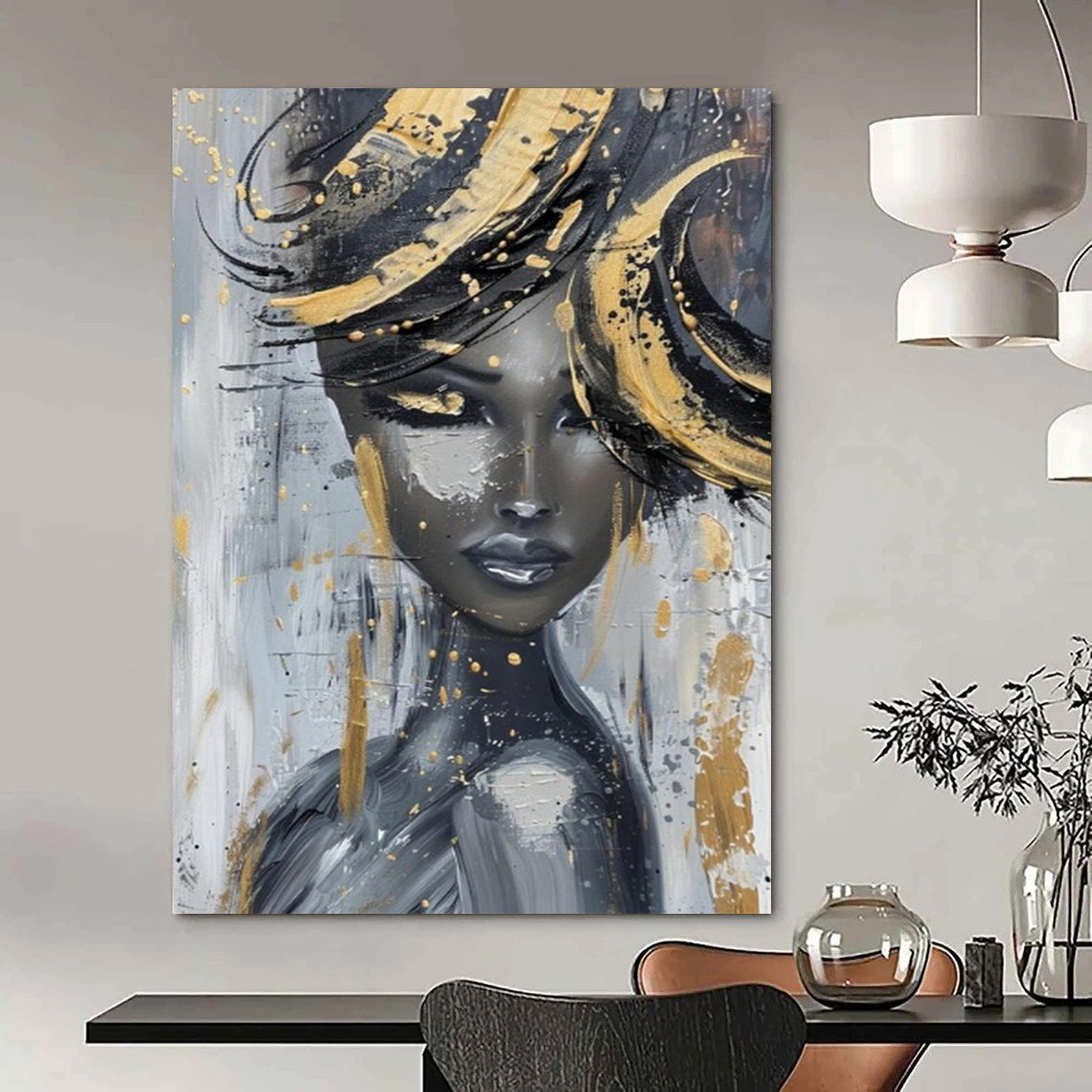 “Glamorous Gold - Accented Lady” - Gray, Black & Gold Abstract Figure Painting On Canvas CT2196
