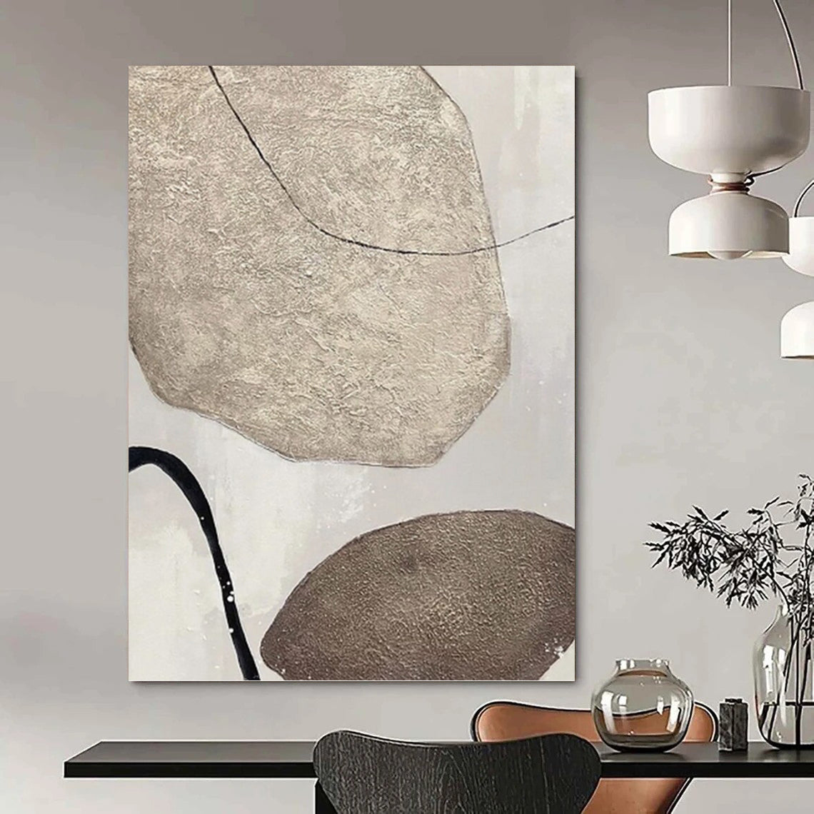 Neutral Shapes with Black Lines Abstract - Abstract Painting On Canvas DKH1321