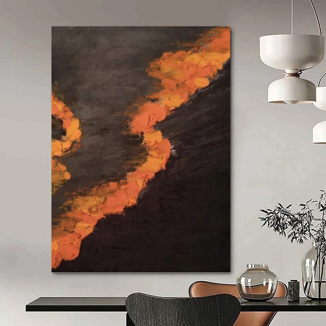 “Dark - Toned Orange Streaks” - Black & Orange Expressive Painting On Canvas DKH0961