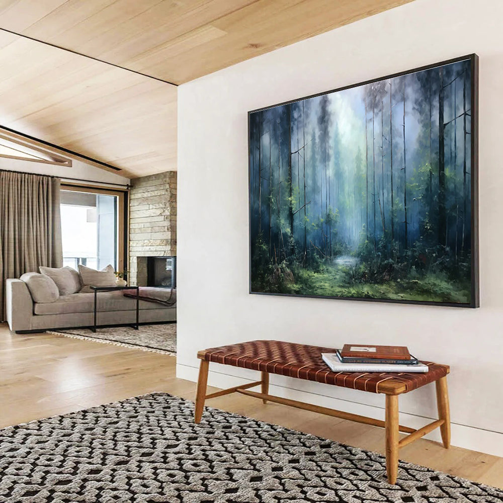 “Misty Forest Path - Cool Blue & Green Landscape Painting On Canvas” DKH869