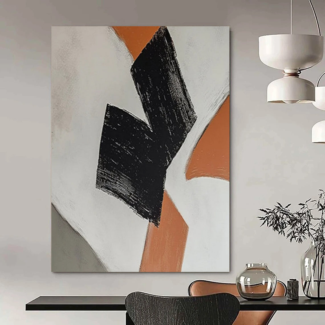 “Black - Orange Geometric Shapes” - Minimalist Abstract Painting On Canvas DTP111