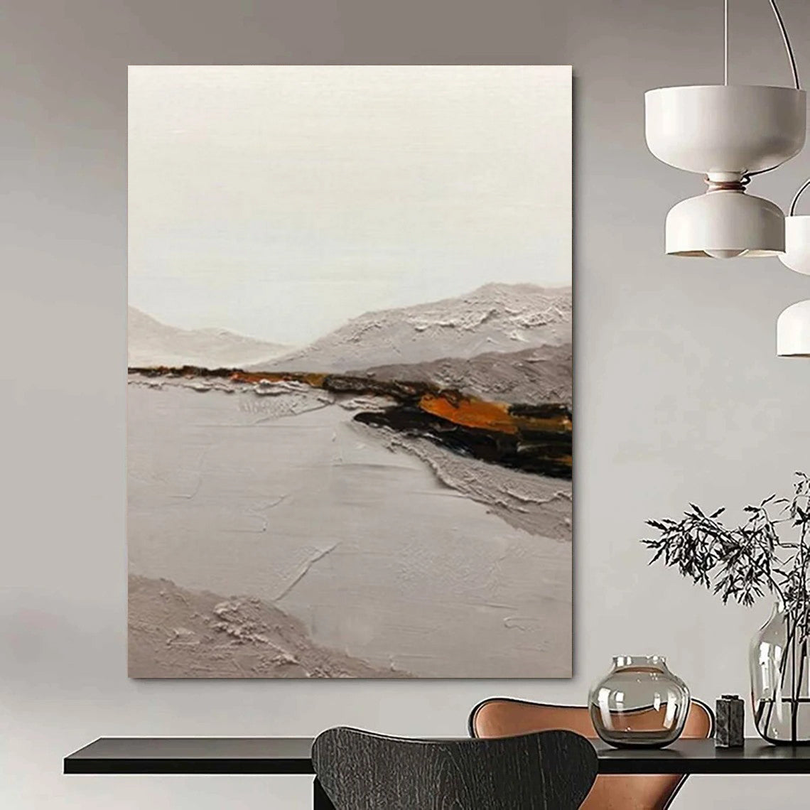 “Gray, Orange Textured Landscape ‘Misty Valley’” - Impasto Landscape Painting On Canvas DTP401