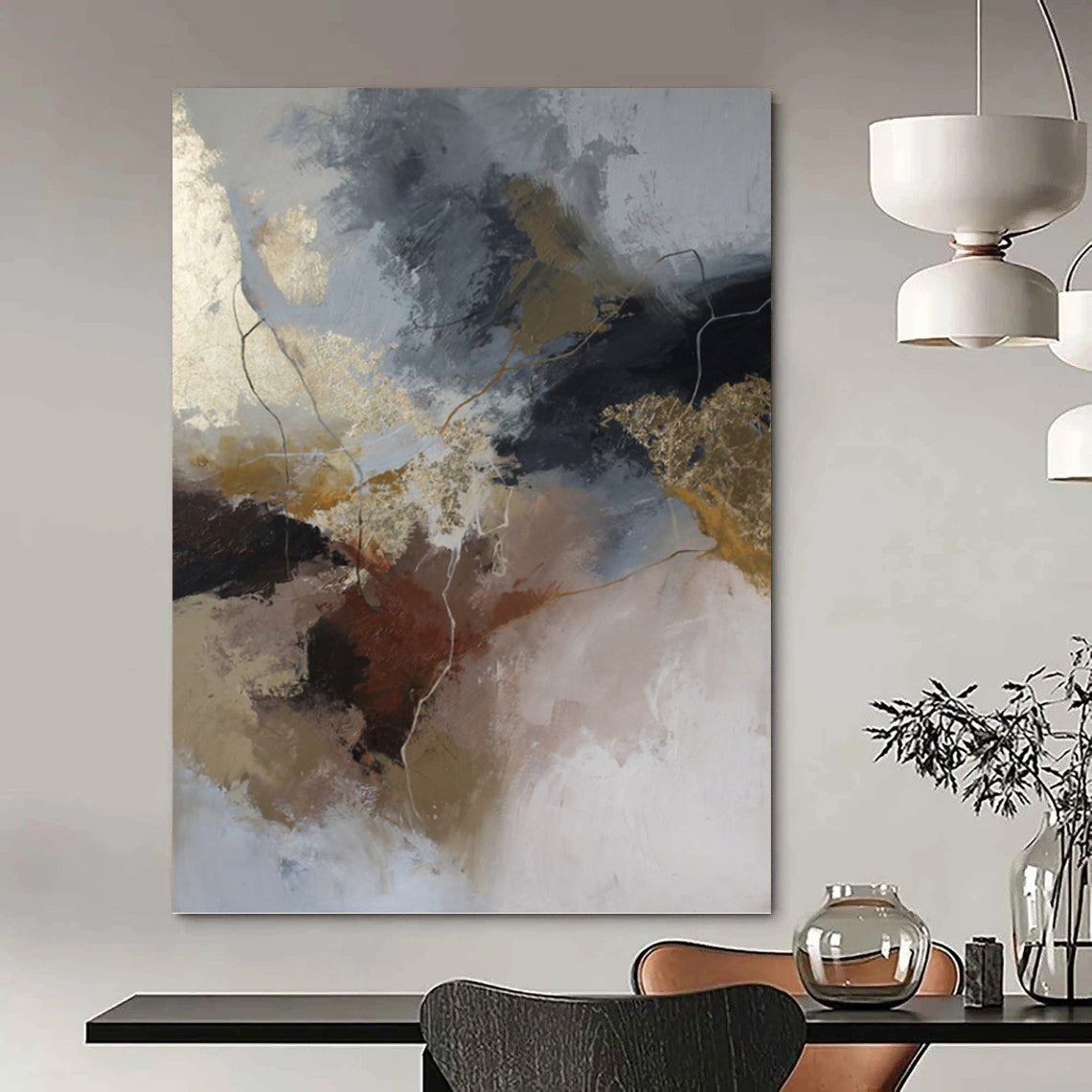 “Neutral & Gold Abstract Fusion” - Gray, Brown, Gold & White Expressionistic Painting On Canvas DKH1017