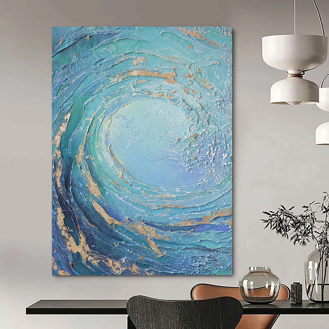“Blue, Green, Gold Swirling Vortex ‘Oceanic Energy’” - Impasto Sea - Inspired Painting On Canvas DTP332