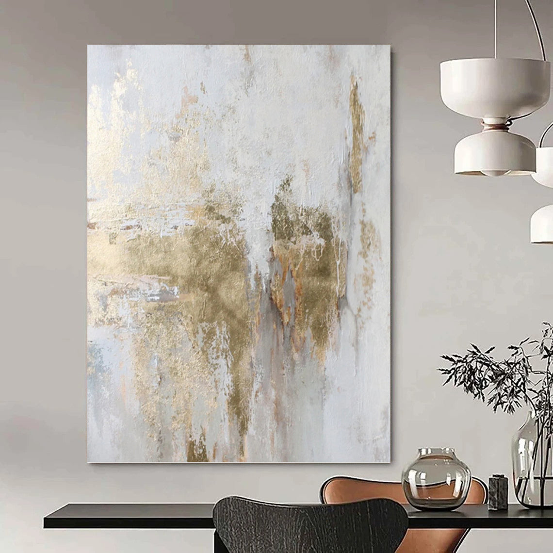 “White & Gold Abstract Textures” - White, Gold & Gray Minimalist Painting On Canvas DKH1006