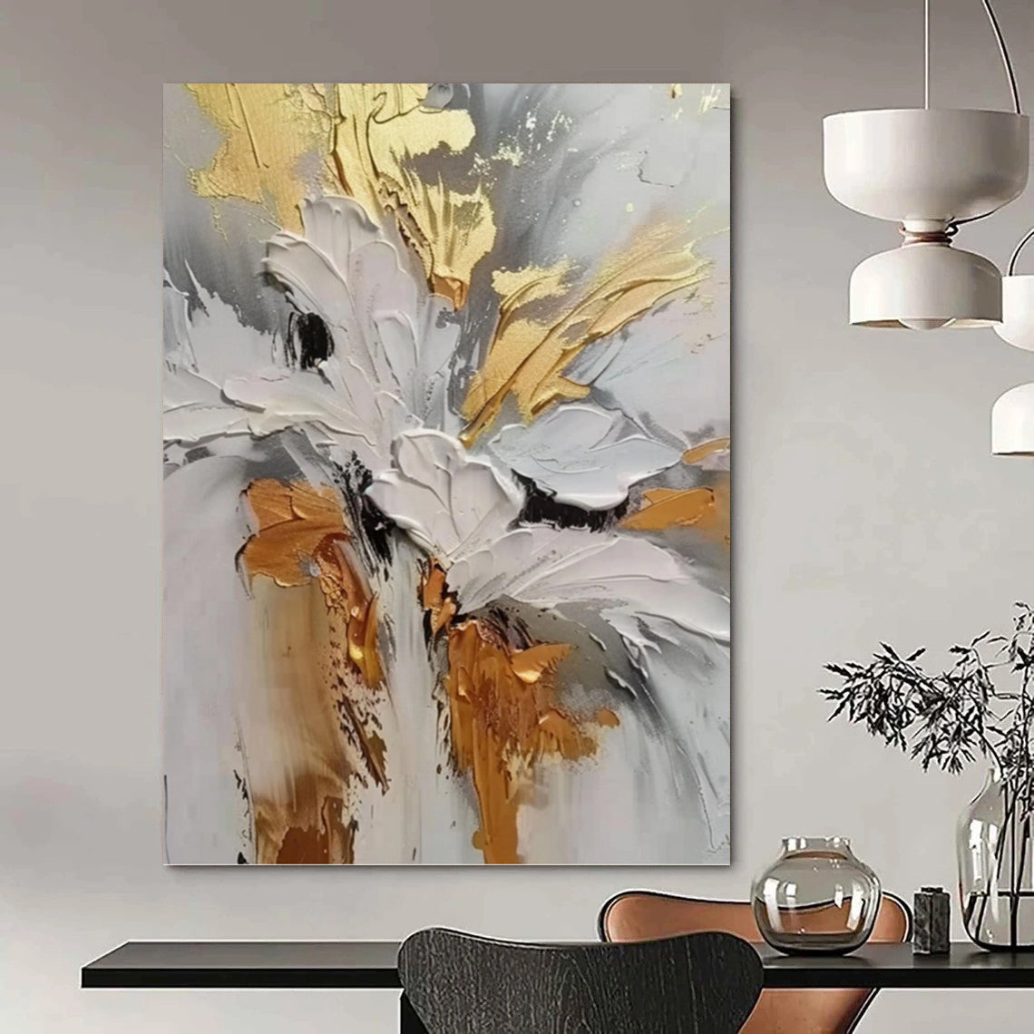 Gold, Gray and White Floral Impasto - Textured Flower Painting On Canvas DKH1386