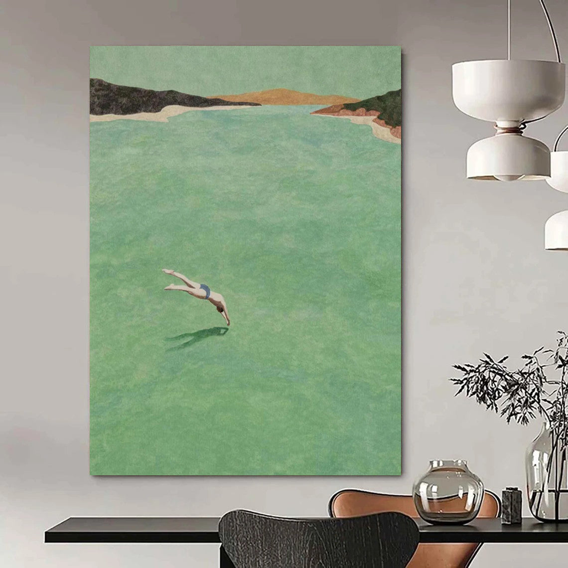 “Diver in Green Water” - Green, Blue, Brown Landscape Painting On Canvas DTP304