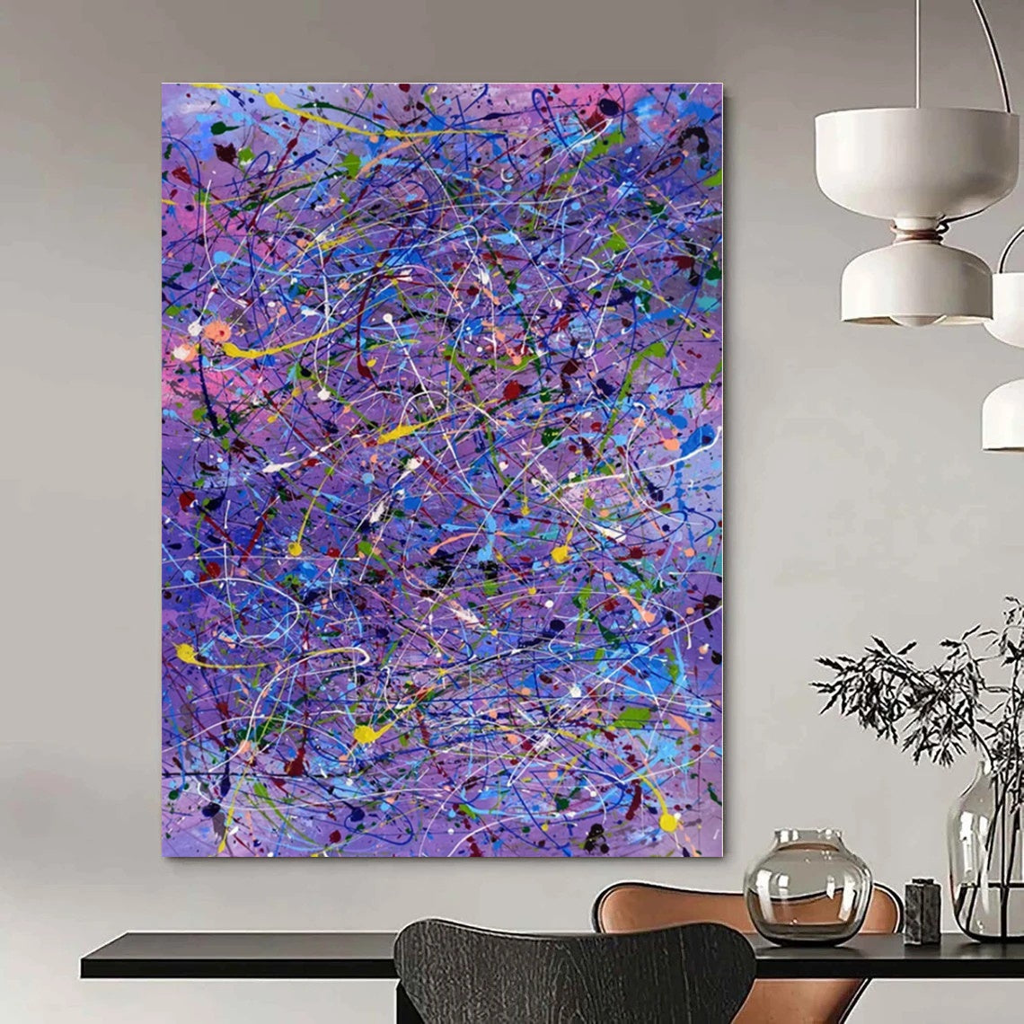 Colorful Tangled Lines on Purple - Abstract Expressionist Acrylic On Canvas CT1321