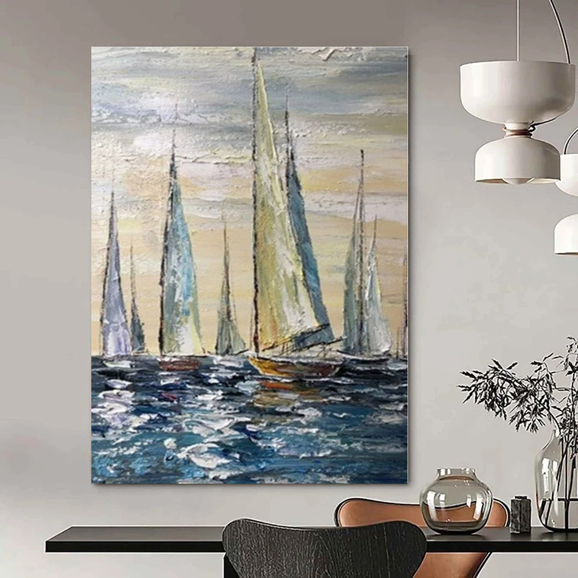 Colorful Sailboats on Blue Sea - Impressionist Oil On Canvas CT1302