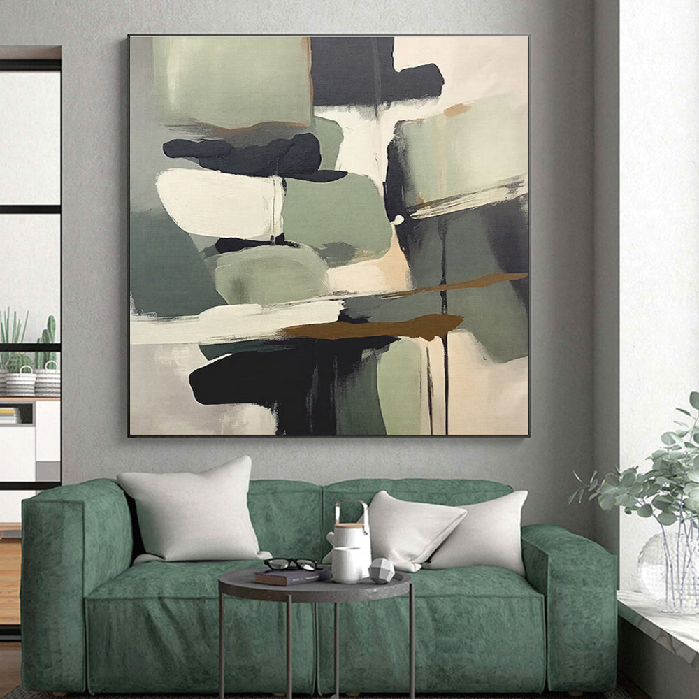 Muted Green, Gray & Black Shapes, “Nature’s Palette” - Abstract Expressionist Acrylic Painting CT0748