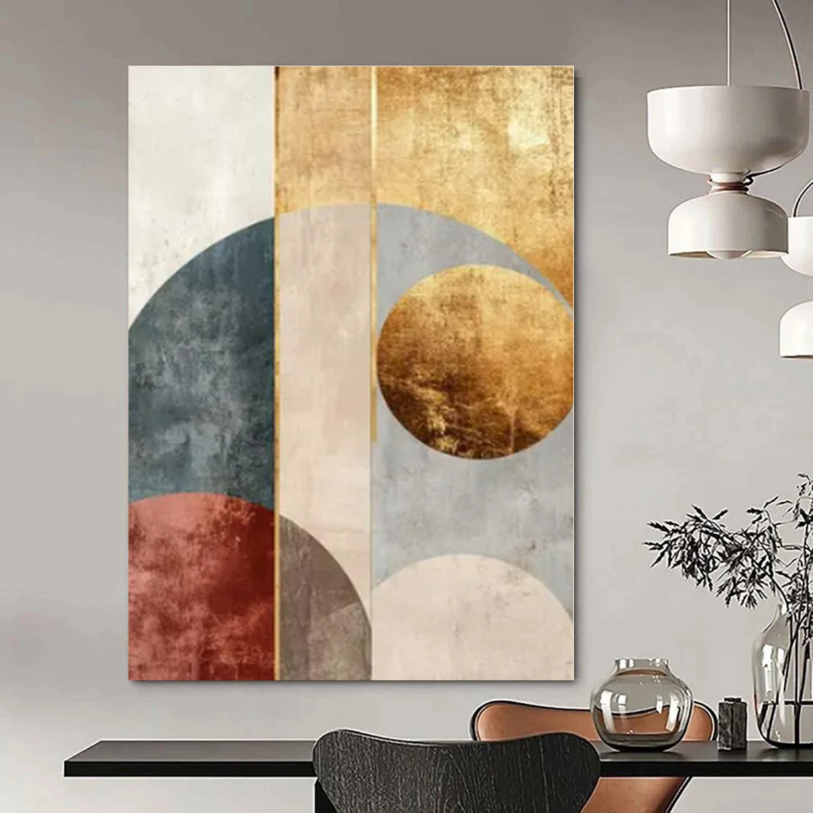 Geometric Arches: Gold, Blue & Rust II - Abstract Minimalist Print CT1247