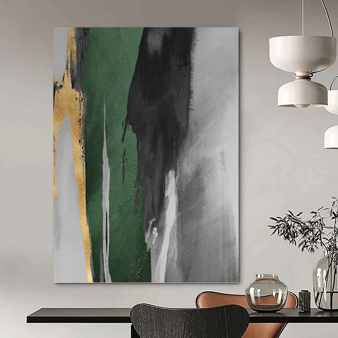“Gold, Green & Gray Abstract Drips” - Gold, Green, Gray & Black Abstract Painting On Canvas DKH1198