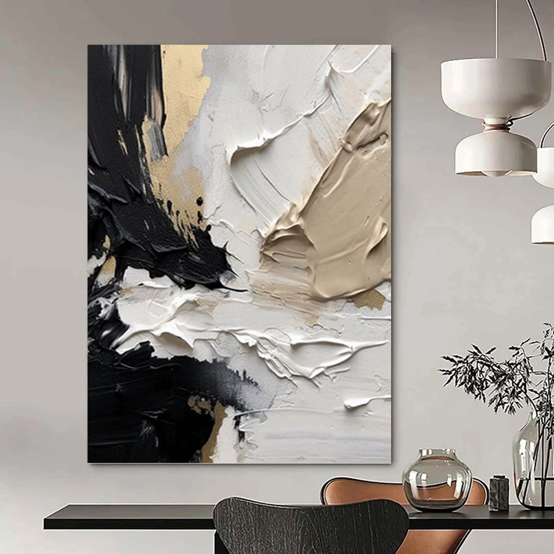 “Black, White & Gold Textured Drama” - Black, White, Gold & Gray Impasto Painting On Canvas DKH1025