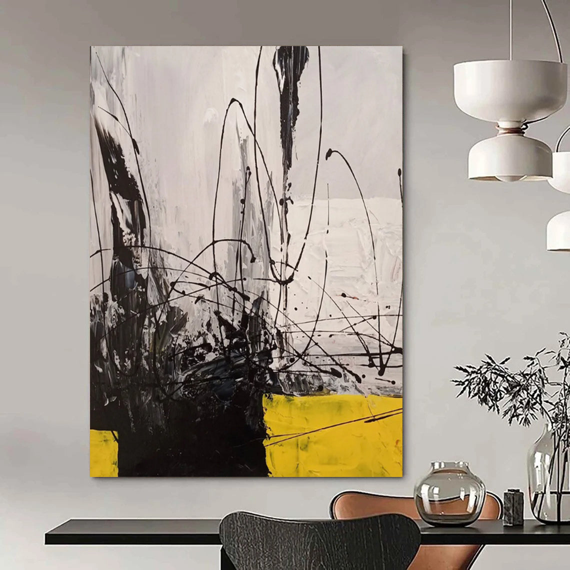 “Black - White - Yellow Abstraction” - Abstract Expressionist Painting On Canvas DTP053