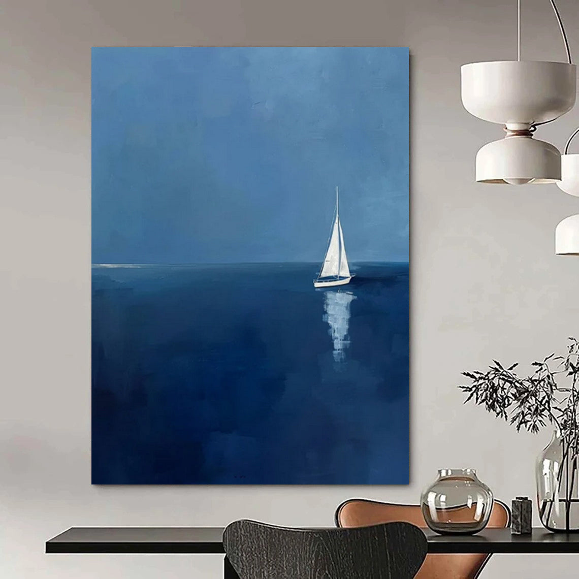 “Sailboat at Sea” - Blue & White Seascape Painting On Canvas CT2230