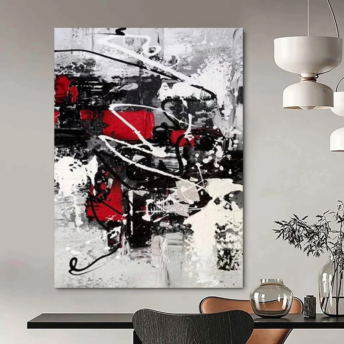 “Black, White, Red Dynamic Splashes ‘Vibrant Chaos’” - Impasto Abstract Painting On Canvas DTP383
