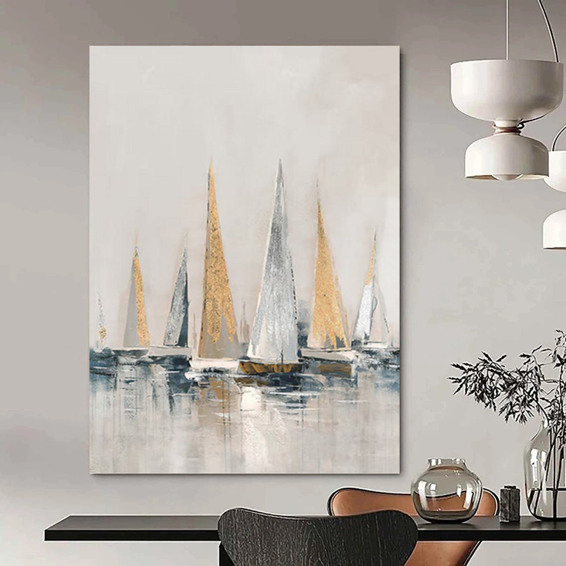 Gold and Silver Sailboats on Gray Water - Nautical Painting On Canvas DKH1416