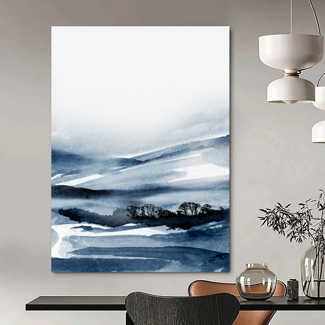“Blue - White Ink Landscape” - Blue, White Abstract Landscape Painting On Canvas DTP231
