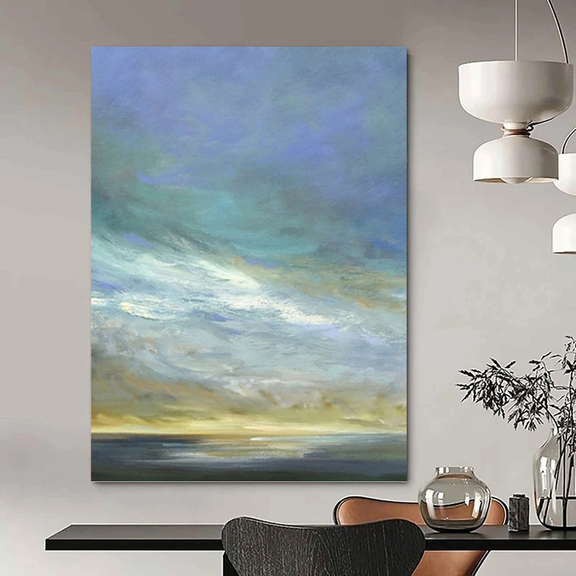 “Sky & Sea in Lighter Hues” - Blue, Beige & White Impressionistic Painting On Canvas DKH0954