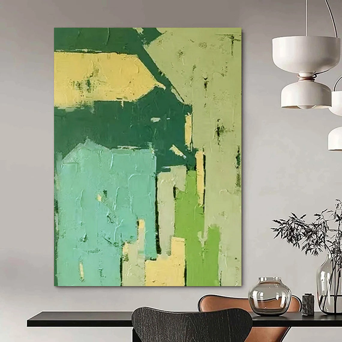 Green & Blue Geometric Blocks - Geometric Abstract Painting On Canvas CT2276