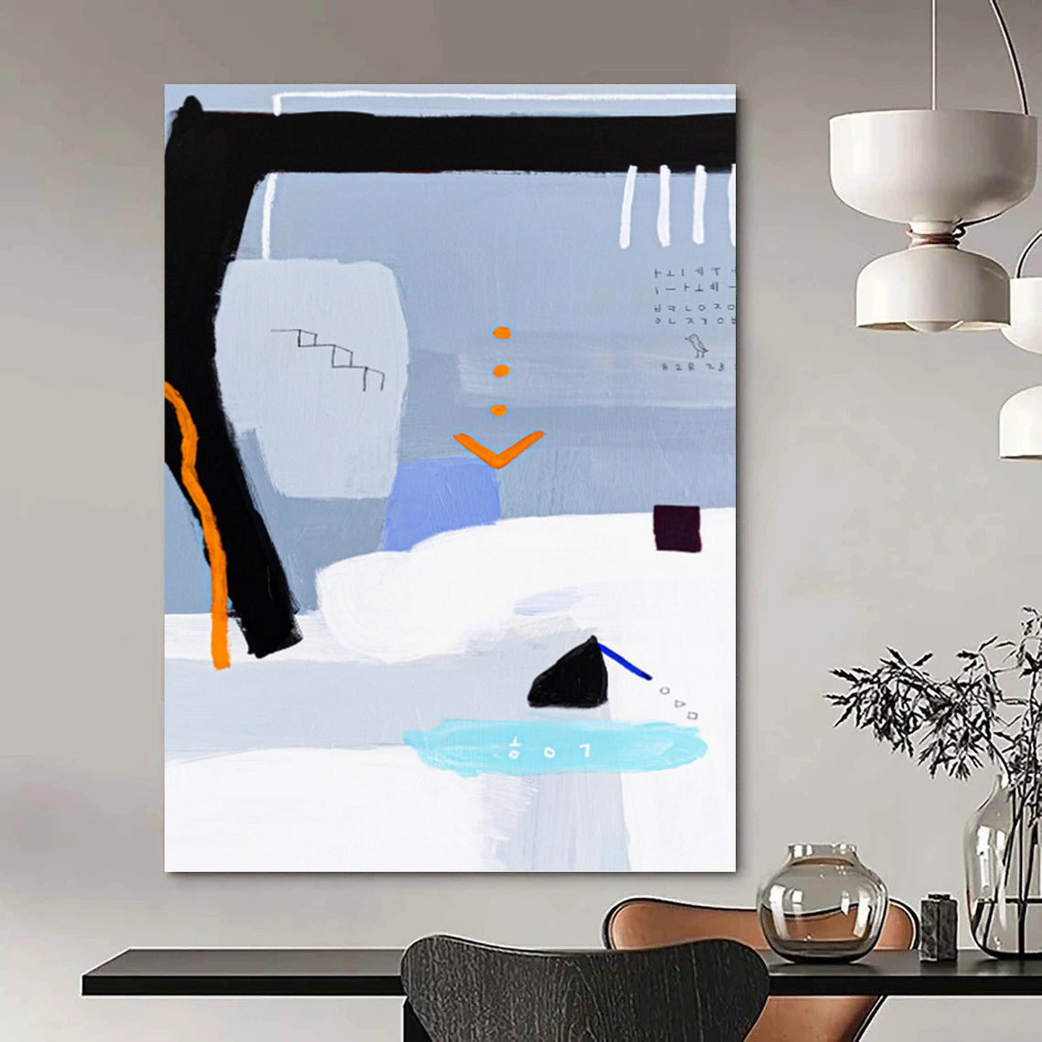 “Gray - Toned Abstract with Black, Orange, and Blue Accents” - Whimsical Abstract Painting On Canvas DKH1097