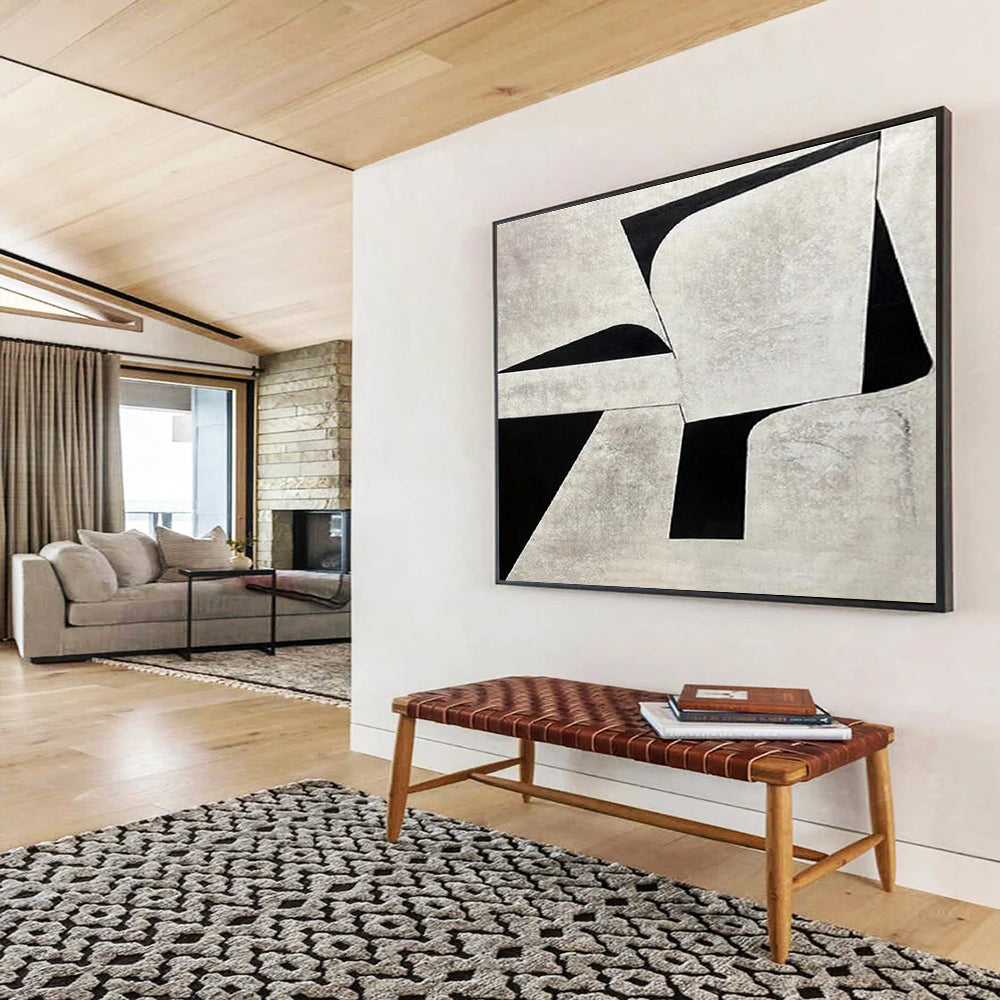 Monochrome Geometric Contrast in Gray and Black, Abstract Cubist - Inspired Painting On Canvas DKH582