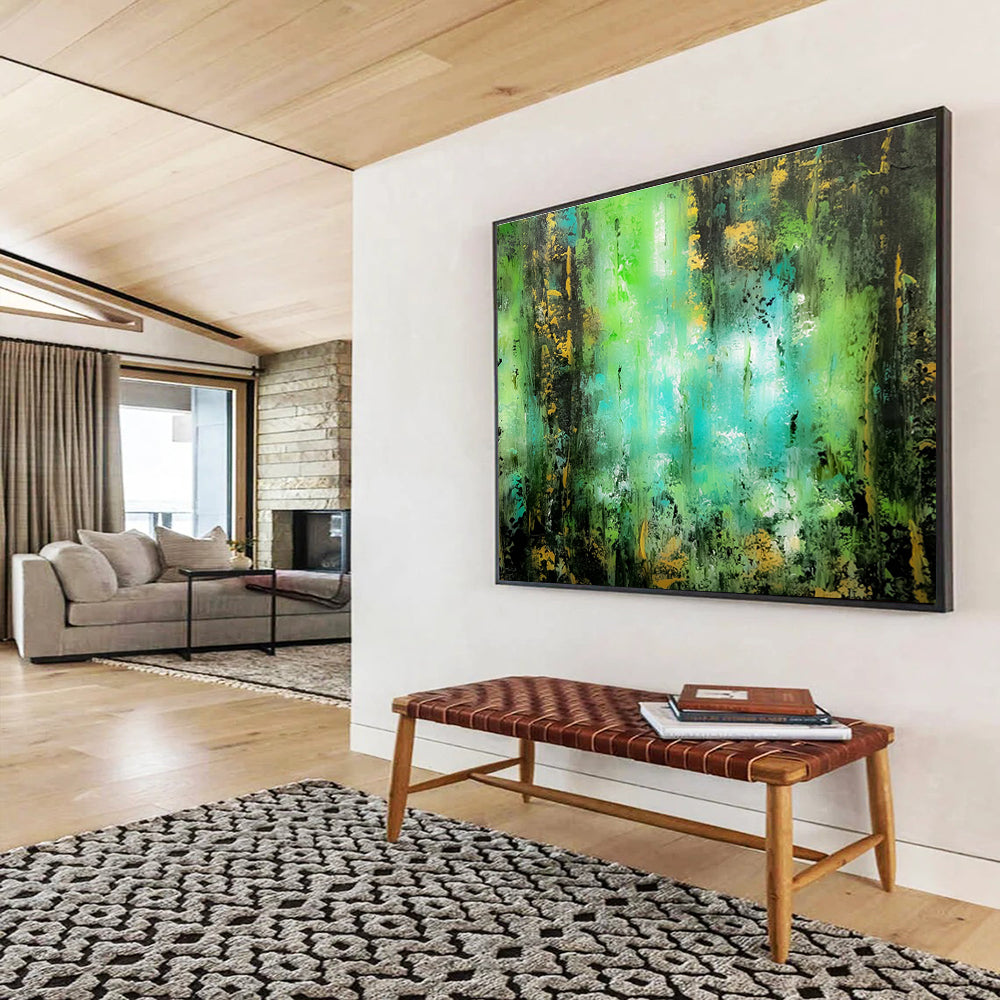 “Emerald & Gold Forest Whispers” - Green, Blue & Yellow Abstract Landscape Painting On Canvas DKH921