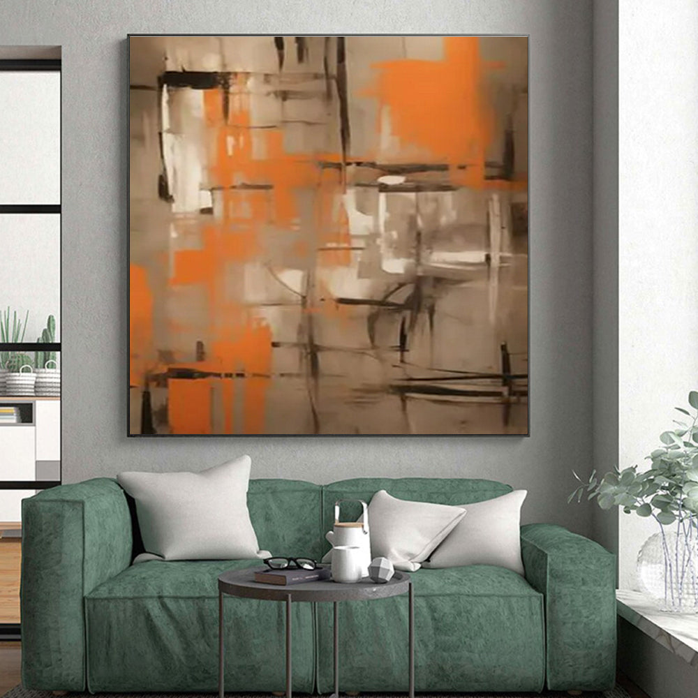 “Orange - Gray Abstract Grid” ,Abstract Acrylic Painting CT0816