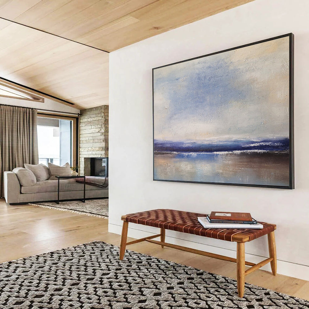 “Blue, White, Minimalist Shore ‘Quiet Beach Reflection’” - Minimalist Seascape Painting On Canvas DLZ037