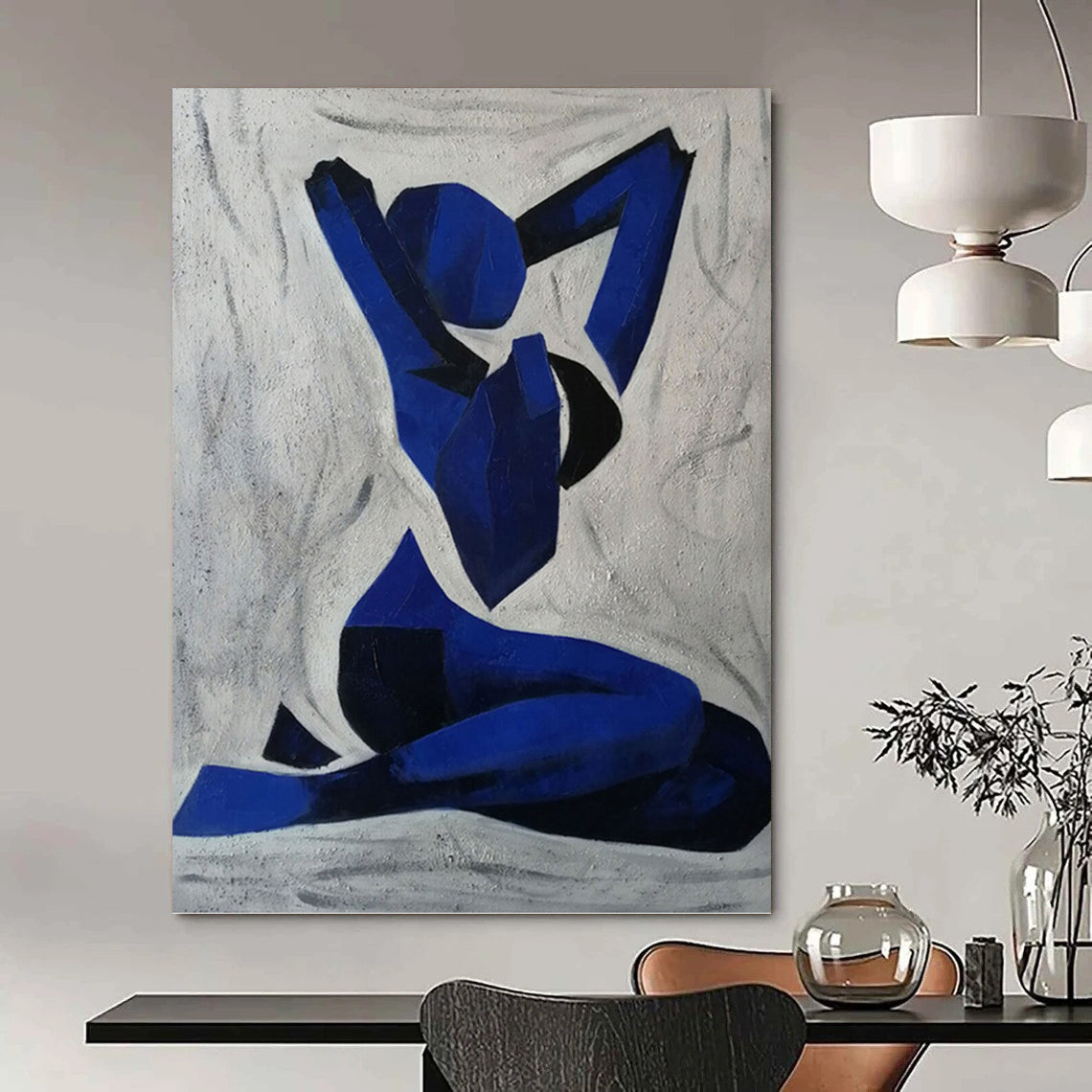 “Blue Figure” - Geometric Blue and Black Abstract Figure Painting On Canvas DKH1568