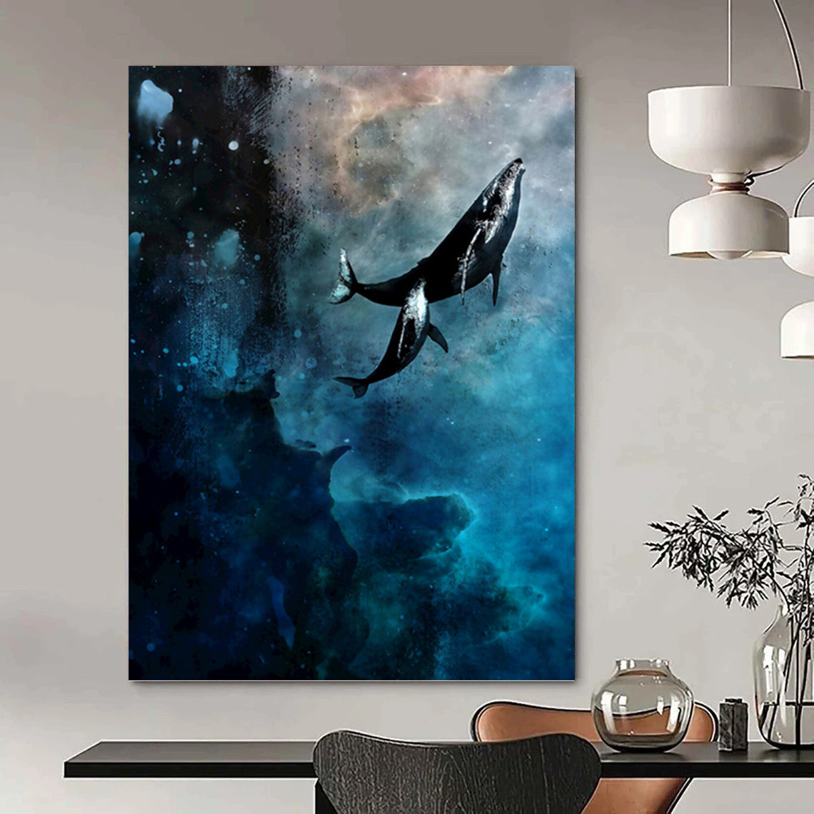 “Cosmic Whale Odyssey” - Blue, Black & White Surrealist - Inspired Painting On Canvas DKH0933