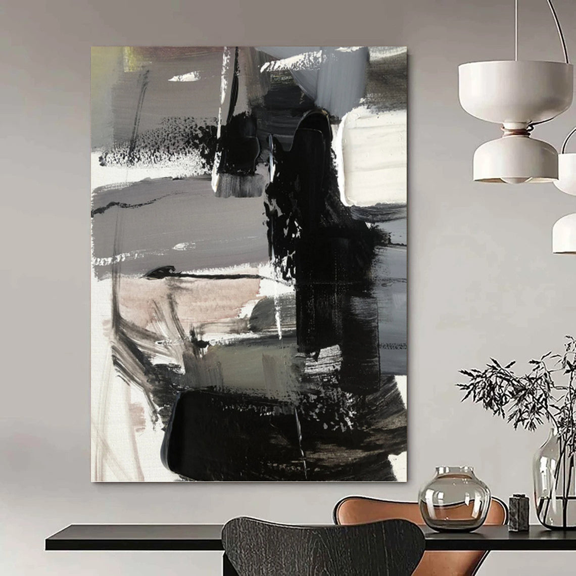 Gray & Black Abstract Forms - Abstract Composition Painting On Canvas DKH1263