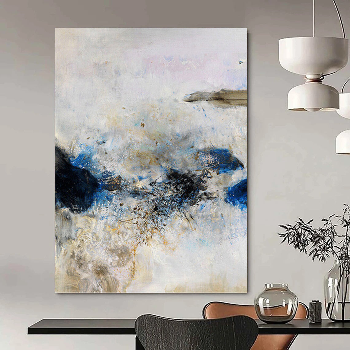 “Soft Storm” - Blue, Gray & Gold Abstract Impasto Painting On Canvas DKH1521