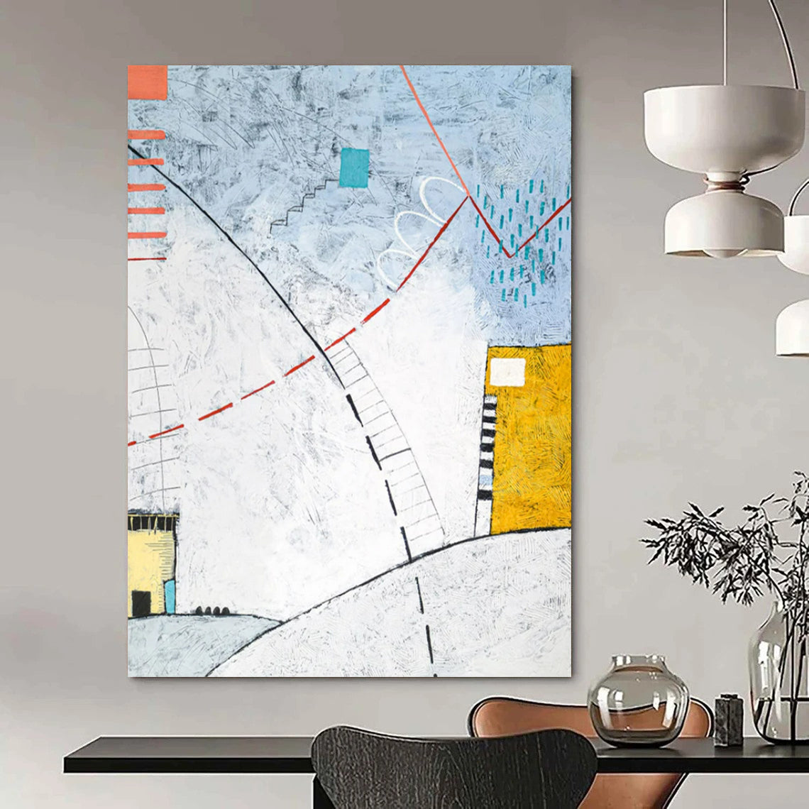 Linear Abstract Landscape - Blues, Reds, and Architectural Elements Painting On Canvas CT2381