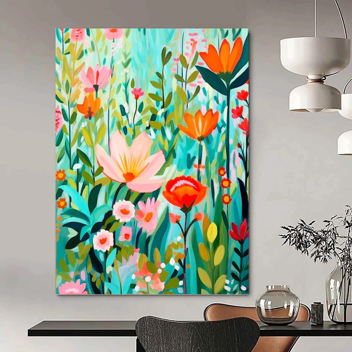 “Flat - Style Floral Field” - Colorful Flat - Design Floral Field Painting On Canvas DKH1595