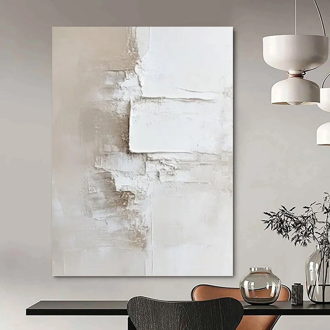 “White & Beige Layered Plaster Abstract” Painting On Canvas DKH0978