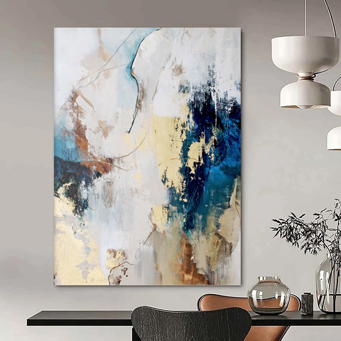 “Blue, Beige & Gold Abstract Blend” - Blue, Beige, Gold & White Eclectic Painting On Canvas DKH1018