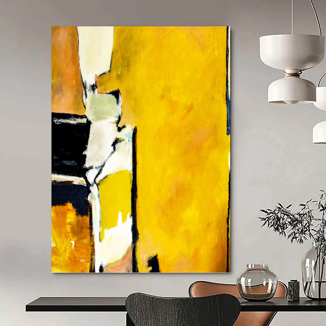 “Yellow - Focused Abstract with Black and White Contrasts” - Bold Abstract Painting On Canvas DKH1101
