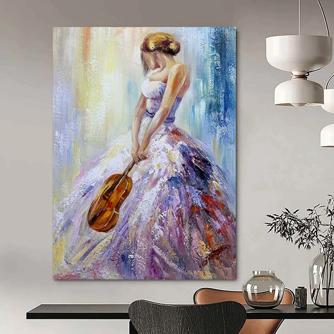 “Colorful Woman with Violin” – Impressionistic Oil Painting On Canvas CT2182