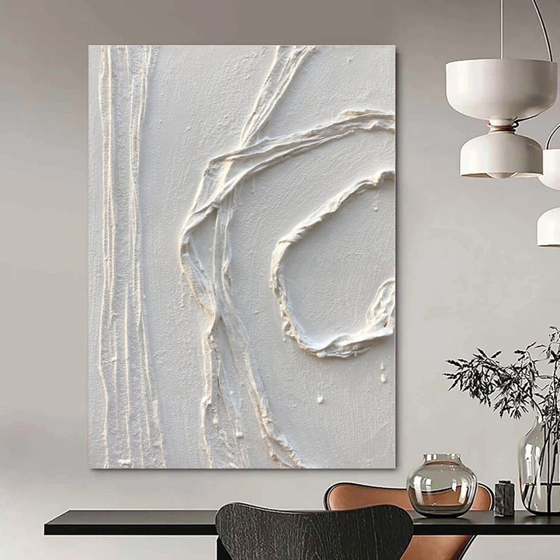 White Textured Curved Abstraction - Minimalist Textured Acrylic On Canvas CT1348
