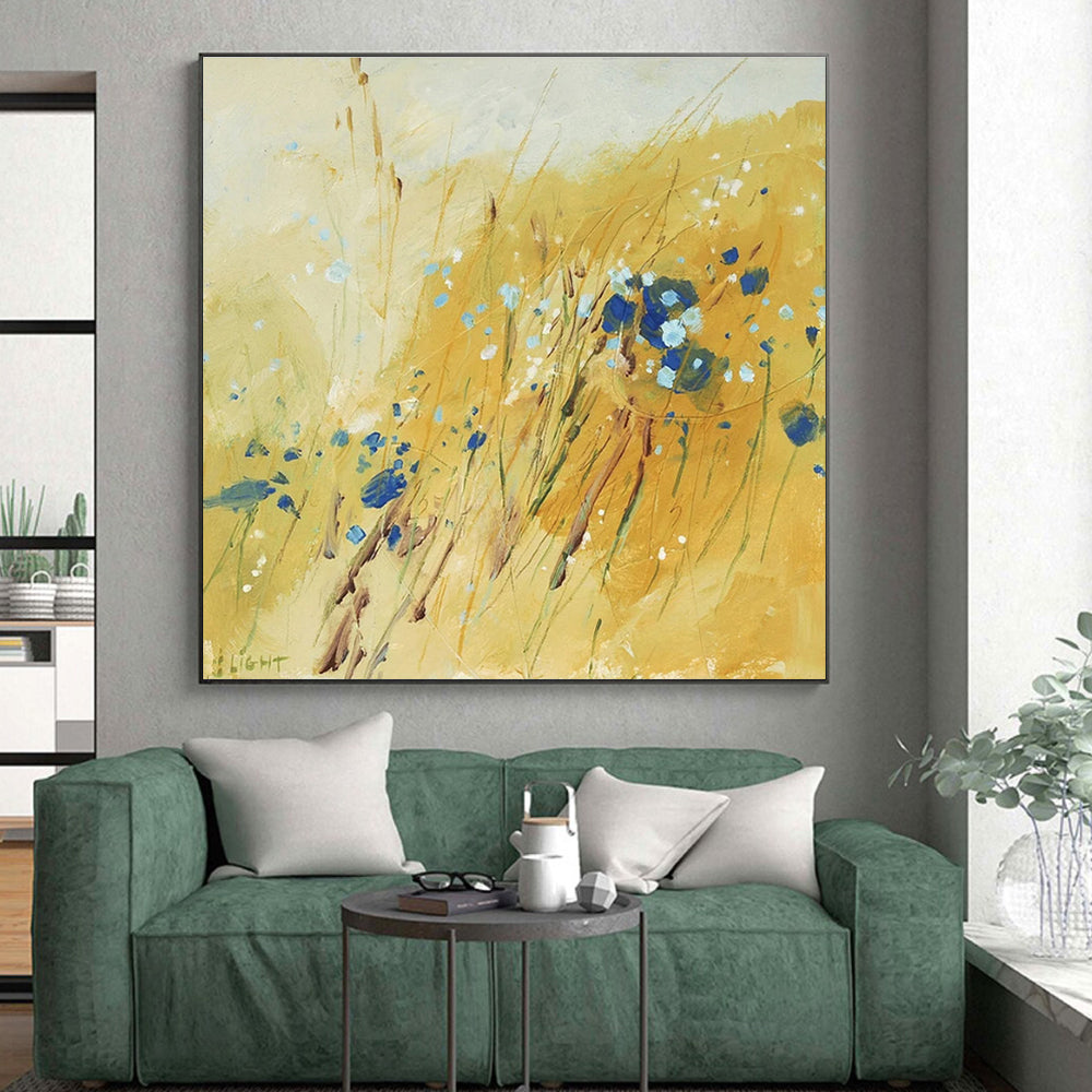 Yellow Field with Blue Blooms, "Sunny Meadow" - Impressionistic Abstract Painting CT0707