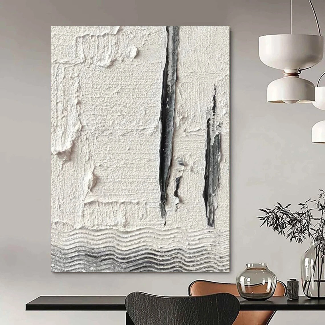 “White, Gray Textured Lines ‘Subtle Structure’” - Impasto Abstract Painting On Canvas DTP371