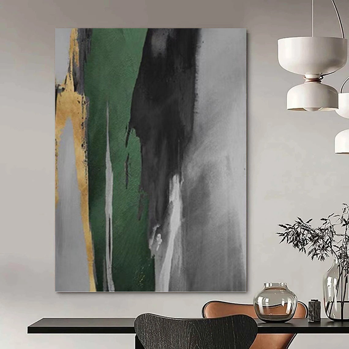 “Green - Gray - Gold Bold Strokes” - Green, Gray & Gold Abstract Expressionist Painting On Canvas DKH0932