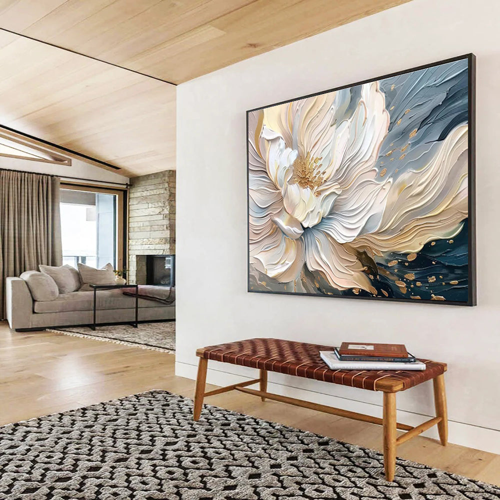 “Gilded Bloom” - White, Gold, Blue Textured Floral Impasto Painting On Canvas DKH703