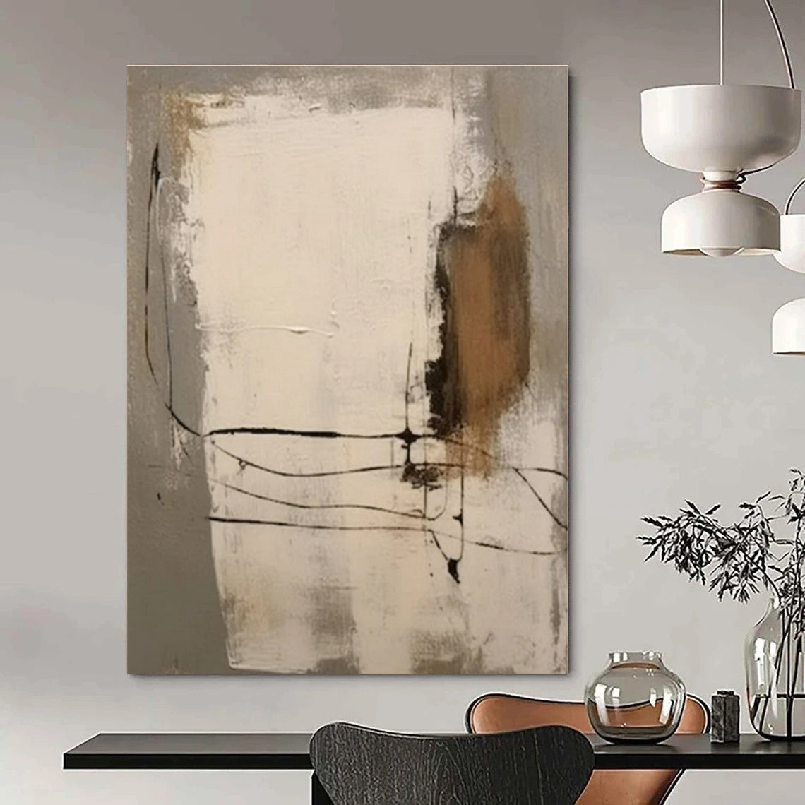 Neutral Tones with Black Lines - Abstract Expressionist Ink & Acrylic On Canvas CT1305