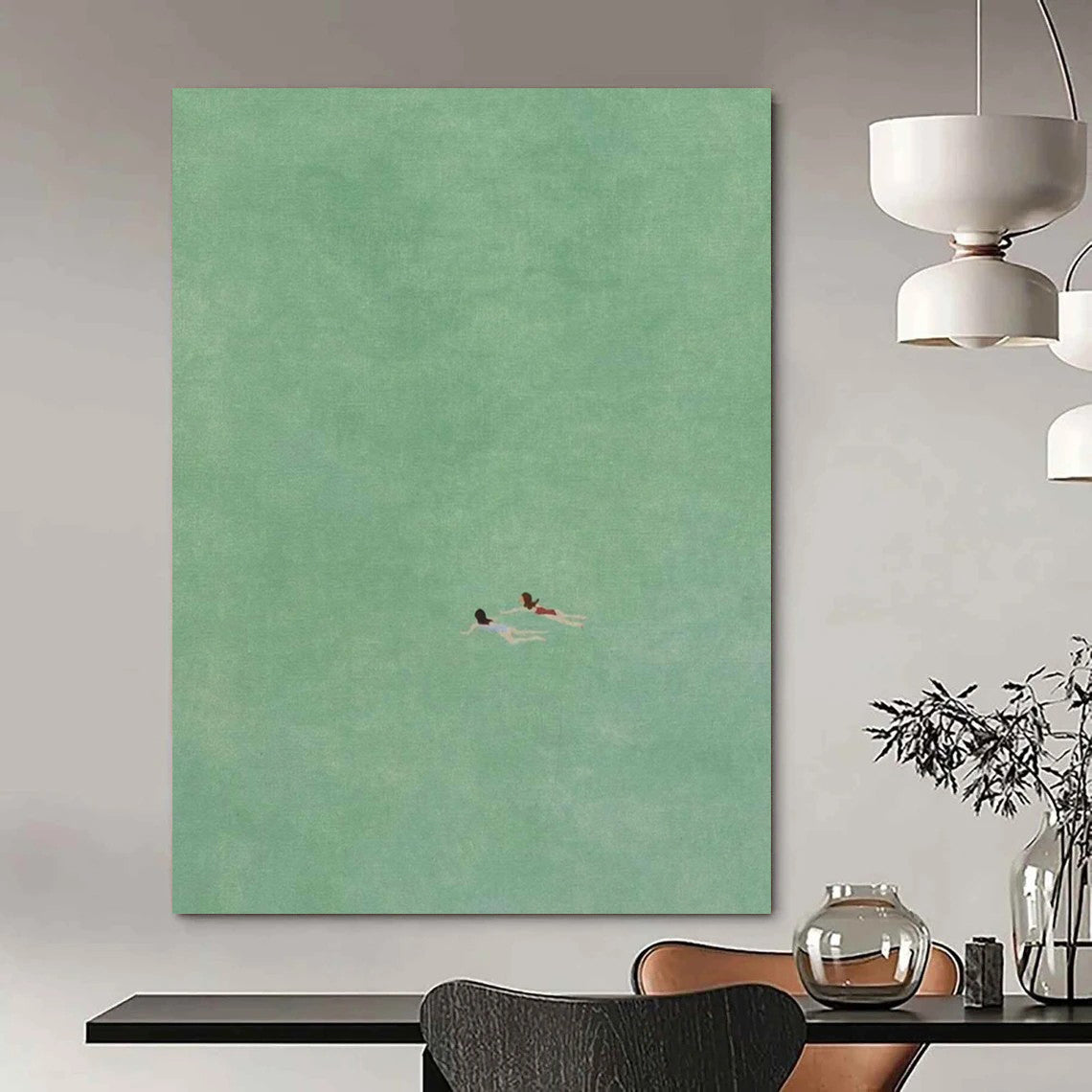 “Two Swimmers in Green” - Green, Blue, Red Minimalist Figurative Painting On Canvas DTP305