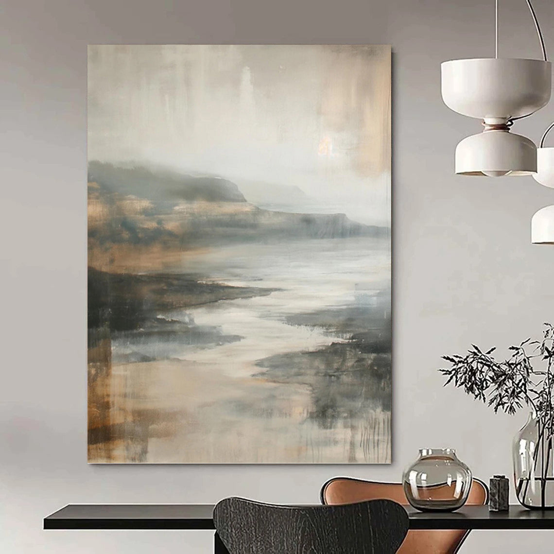 “Muted Tonal Landscape” - Gray, Brown & Beige Impressionistic Seaside Painting On Canvas DKH1001
