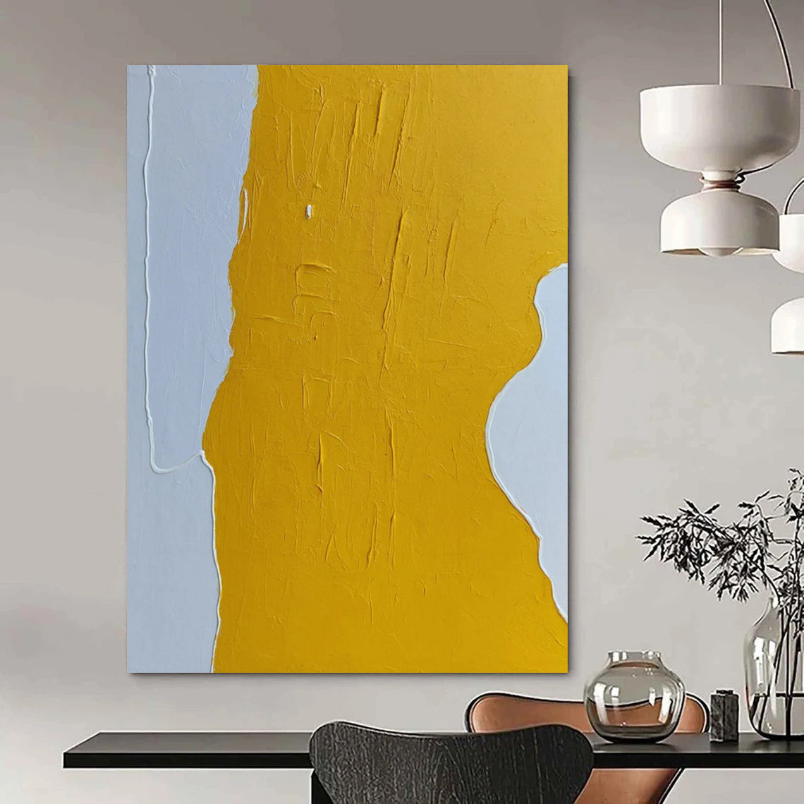 “Yellow, White Minimalist Shape ‘Sunny Simplicity’” - Textured Abstract Painting On Canvas DTP340