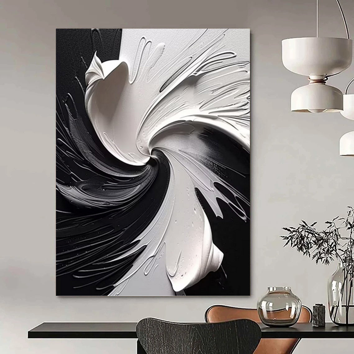 Dynamic Black and White Abstract Swirl - Abstract Painting On Canvas DKH1474
