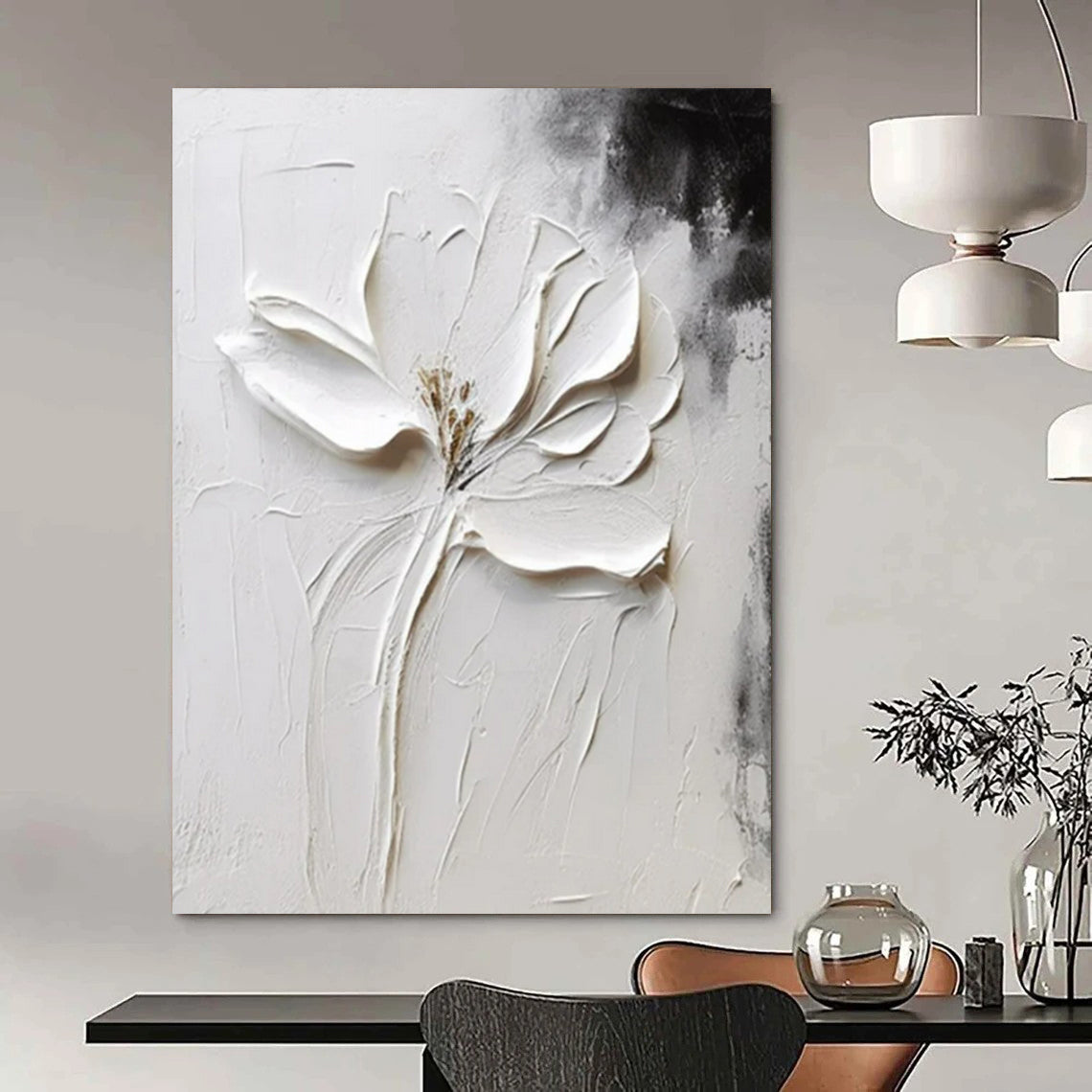 “Sculpted White Flower” - Black & White Floral Painting On Canvas CT2217